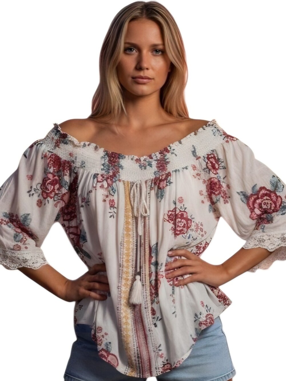 Ruffly Flowy Rose Print On Cream Color Blouse With Lace